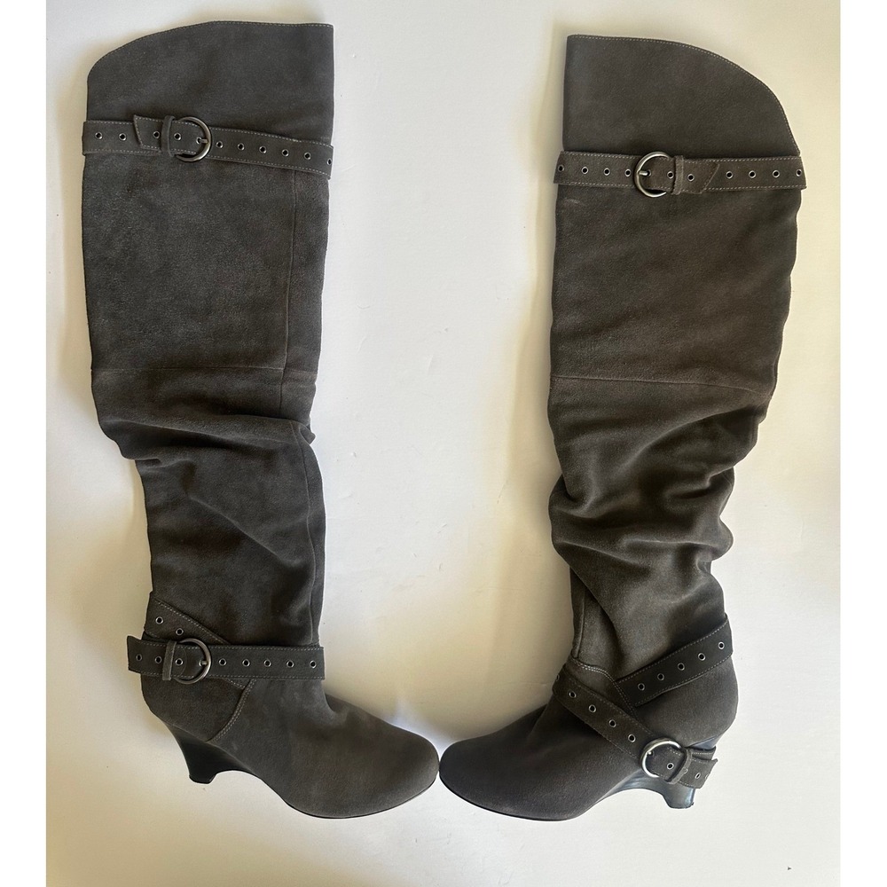 Y2K Naughty Monkey Over The Knee Suede Wedge Boots Gray Grommet Buckle 8